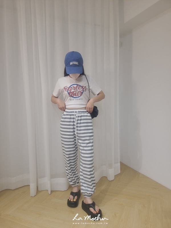 條紋毛巾布抽繩縮口褲